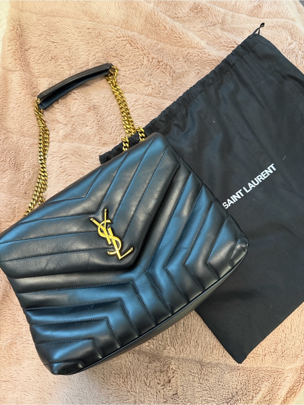 Saint Laurent Black Quilted Chevron Leather Shoulder Bag with Gold Hardware